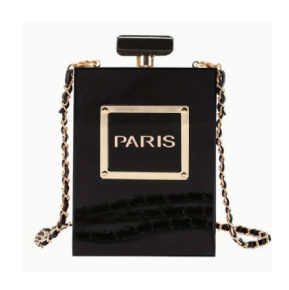 Paris Black Perfume Bottle Acrylic Crossbody Clutch – Gold Chain